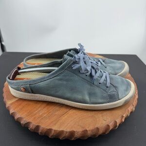 Softino’s idle leather slip on mule backless sneakers blue denim lace up sz 11